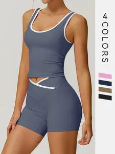 Women's High Elasticity Colorblock V-Neck Short Top & Bottom Shorts Set, Yoga Fitness Comfortable Sportswear Design