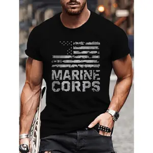 Men's 100% Cotton Short-Sleeve Round Neck T-Shirt - Vintage American Flag & Marine Corps Print, Streetwear Casual Fitness Clothes Tops, Gym Graphic Tee