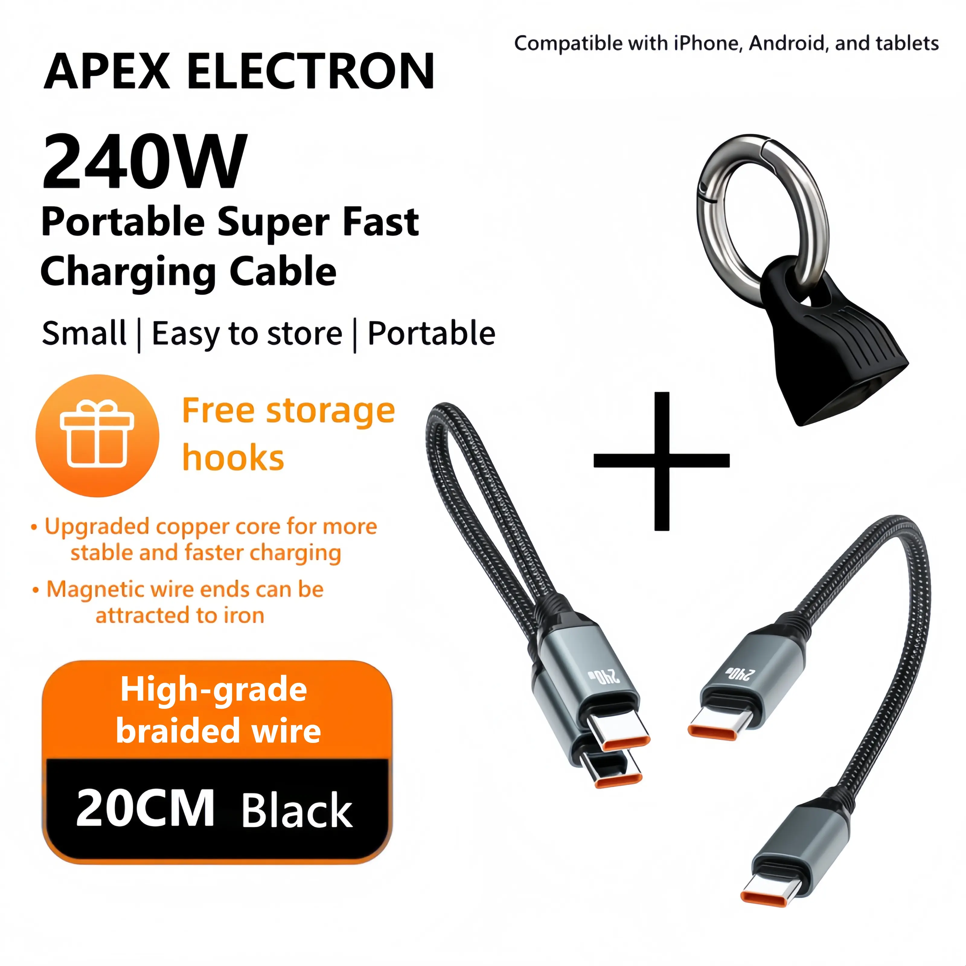 240W Wired USB Magnetic Ultra-Short Copper Type-C to Type-C Charger Cable - 20cm (7.87in) Woven Jacquard Keychain Cable, Quick-Reach Portable for iPhone 15-17, Mobile Cellphone Smartphone Android Devices Tablets, Electronic Tidy Desk Setup