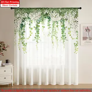 Digital Print Semi-Transparent Drapes, Vine Pattern, Rod Pocket Top, Fade Resistant, Polyester Fabric, Washable, Home Window Decor, Home Decoration Curtain, Room Decor Curtain