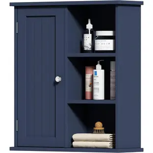 Bathroom Wall Cabinet, Medicine Cabinet with Door and 3 Open Shelves, Wall Mounted Storage Organizer for Bathroom, Kitchen, Living Room, Blue