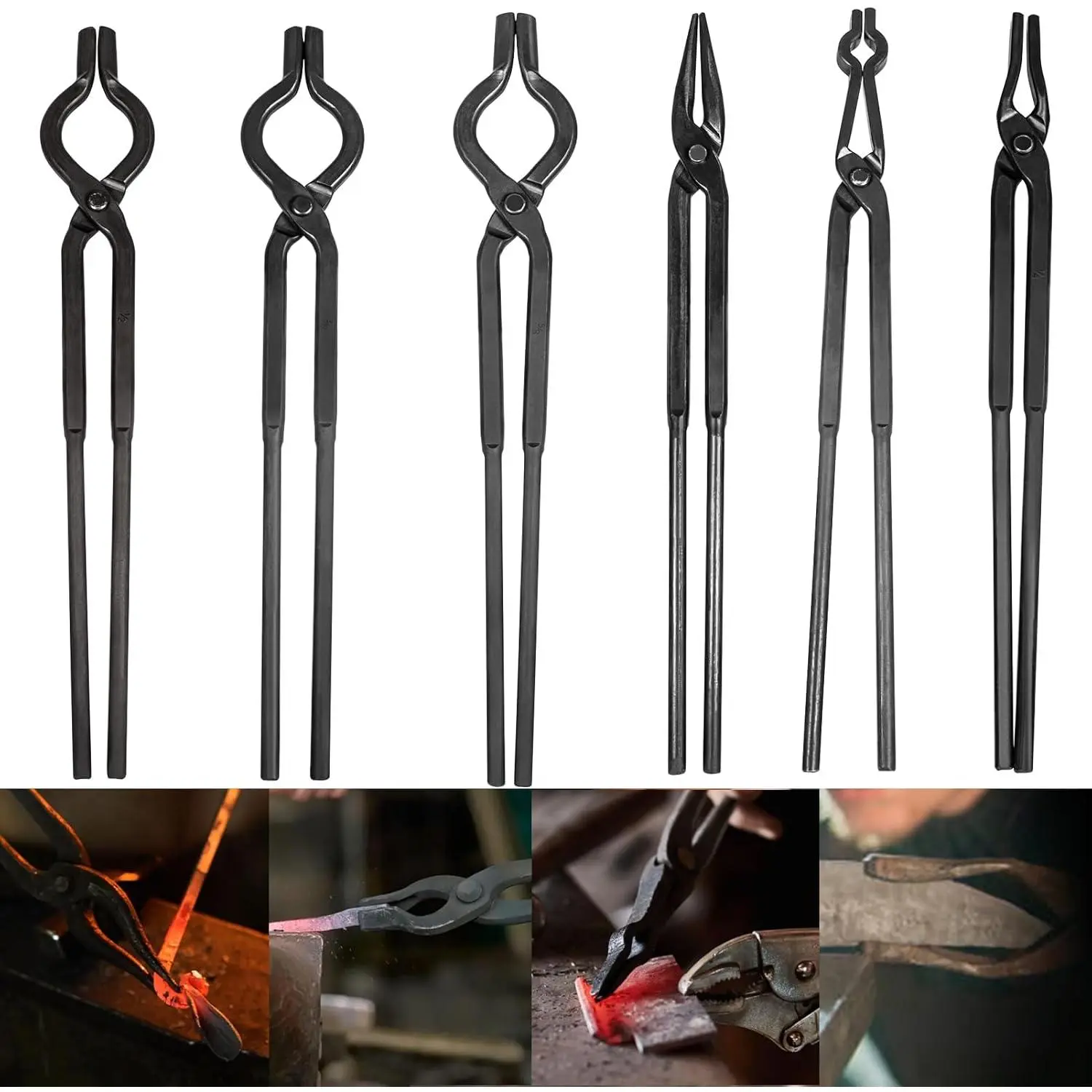 Beginner blacksmith tongs Blacksmith Forge Tong Tools Set Includes 1/4 Flat Jaw, Pick Up, Scroll, 3/8 1/2 5/8 V-Bit Tongs (6 )