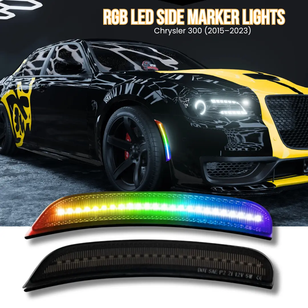 AutoJeweler RGB LED Side Marker Lights 4-Pack for Chrysler 300 (2015–2023) – Smoked Lens, Remote Controlled, Plug & Play