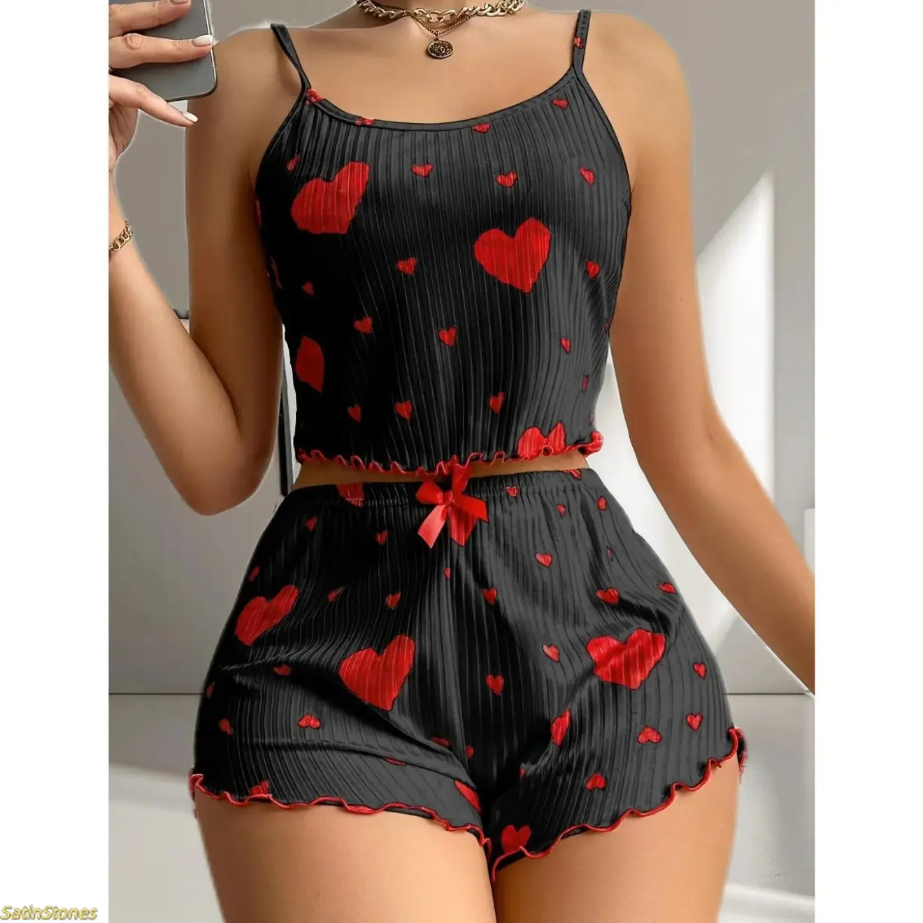 Women's 2-Piece Spaghetti Strap Pajamas Set - 2026 New Summer Sleeveless Camisole & Heart Print Shorts, Youthful Nightwear Loungewear for 2 Piece Sets Women