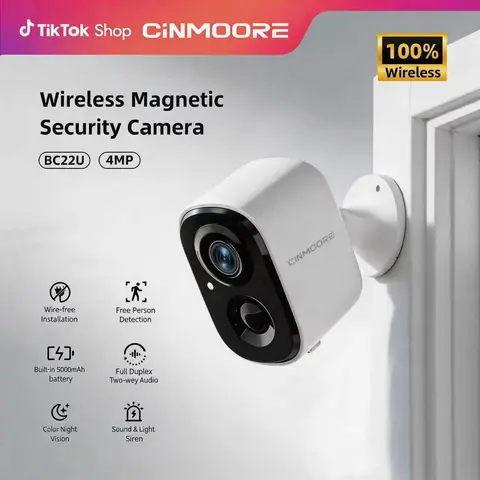 CINMOORE 2.5K Magnetic Wireless Security Camera - Rechargeable Lithium Ion Battery, Wall Mount, 2.4G Wi-Fi, Easy-Install Indoor/Outdoor, HD Lens, Full-Color Night Vision, Motion Detection, 2-Way Speaker, Local Storage Card, Smart Home Gadgets