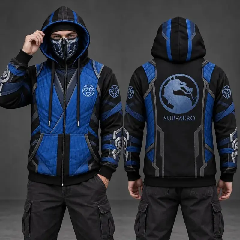 M0rtal K0mbat Sub-Zero Mens Zip-Up Hoodie, Lin Kuei Guild Built-In Face Mask Jacket, Blue Black Ninja Armor All-Over Print Hooded Sweatshirt, Cosplay Gamer Gift