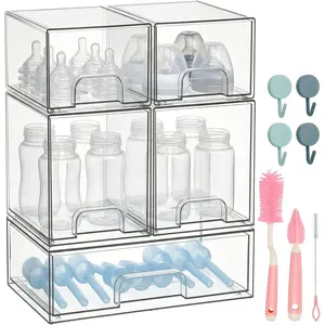 5 Pack Storage Bins with Brush and Hooks, Stackable  Organizer Boxes for  Bottles, Makeup, Small Items, Clear Storage Containers for Kitchen, Bathroom, Bedroom, Cabinet