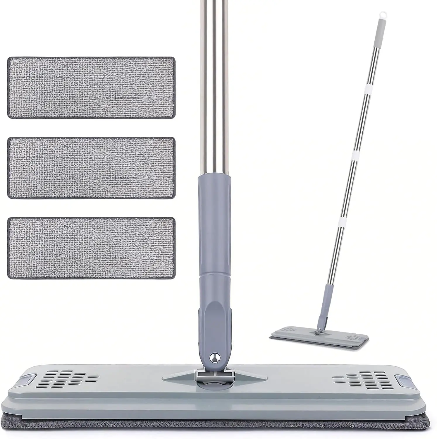 Flat Mop with 3 Pads, Microfiber Mops for Floor Cleaning Adjustable Handle 29-49, Dust Mop for Hardwood Floors, Wet Dry Use on Laminate Wood Tile Vinyl Wall Mopping Bathroom Kitchen Household Supplies