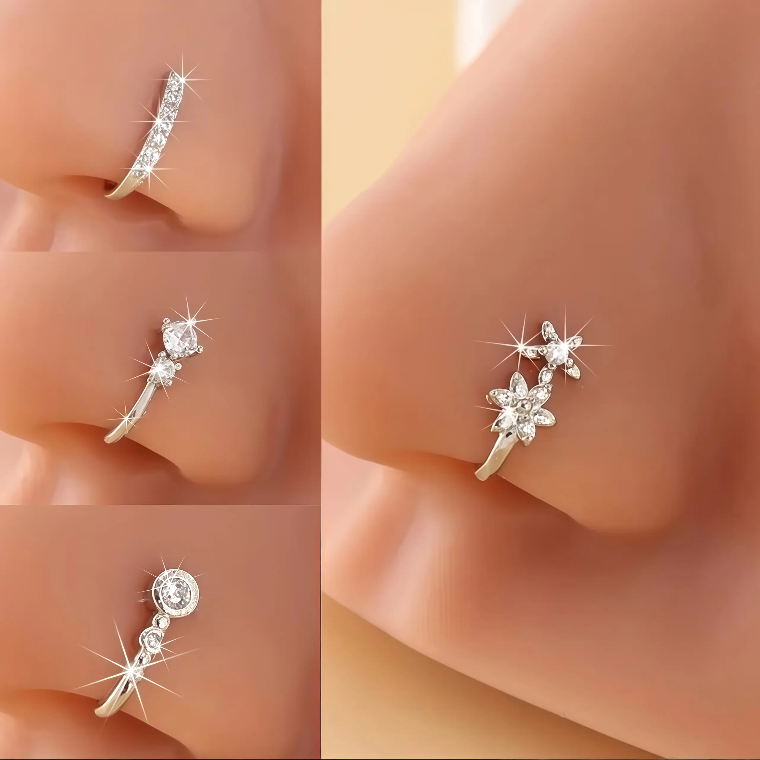 3 Pack U-Shaped Non Piercing Nose Rings, Clip On Fake Nose Cuff Jewelry for Women & Girls, Sparkling Rhinestone Nose Clips, Comfortable No Hole Nose Piercing Alternative for Daily Party Wear