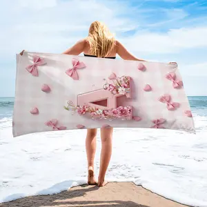 Pink Coquette Initial A-M Beach Towel, Large Microfiber Sand-Free Towel with Bow & Heart Print, Floral Monogram Design for Girls, Pool Party, Summer Vacation