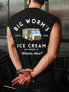 Men's Regular Fit Ice Cream Print Tank Top, Casual Sleeveless Round Neck Top for Summer, Fashion Men's Top for Daily Wear, Tshirt