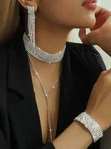 Women's Elegant Rhinestone Decor Choker & Dangle Earrings & Bracelet, Exquisite Trendy Jewelry Set, Fashionable Accessories for Party & Daily Clothing Decor, Teardrop Jewelry Set