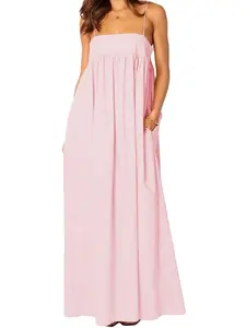 Ebossy Women's Summer Backless Tied Spaghetti Straps Casual Loose Cutout Maxi Dress with Pockets