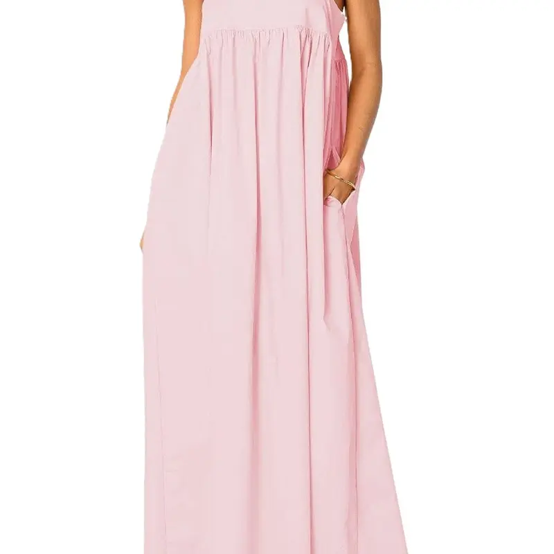Ebossy Women's Rayon Chic Square Neck Sleeveless Backless Tie-Back Spaghetti Strap Casual Loose Cutout Ankle-Length Sundress with Side Pockets, Pink - Evening Going Out Outfit, Beach Ready, Machine Washable Fashion Apparel - Check Size Chart