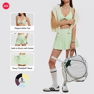 S&W Women’s 2 Piece Tennis Skort Set Pleated Active Mini Skirt with Built-in Shorts & Halter Yoga Bra High Waisted Athletic Golf Skirt Buttery Soft Workout Outfit