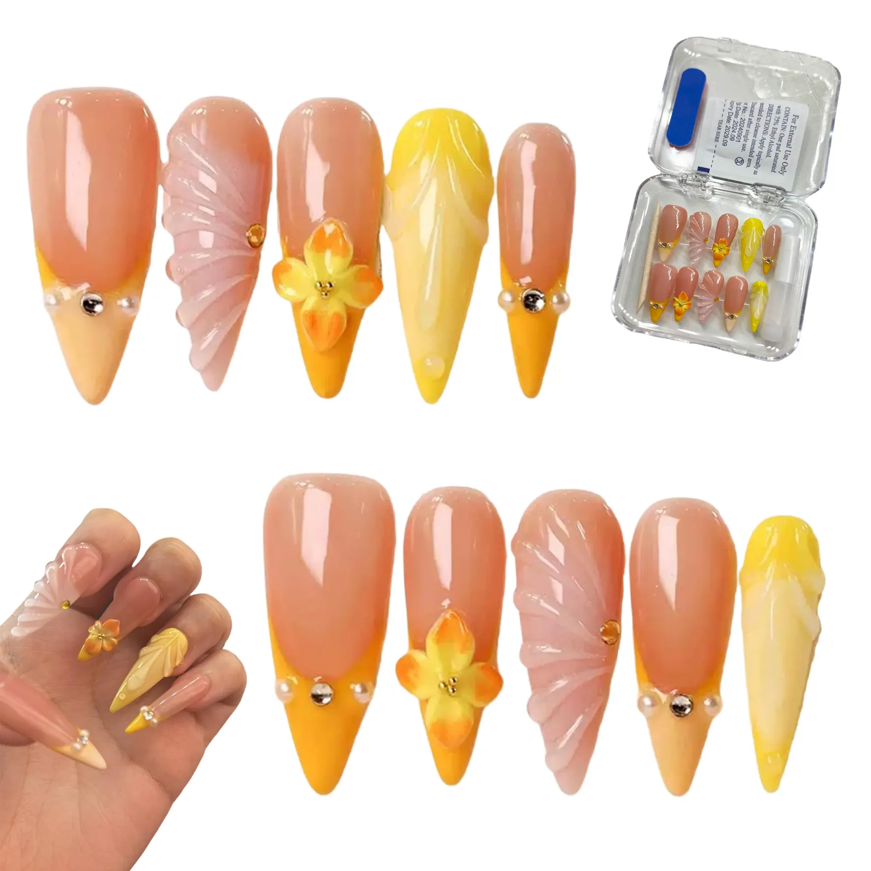 5D Handmade Long Stiletto Press on Nails, Water Ripple Ombre Orange Yellow Fake Nails with Charms, Reusable Summer False Nails for Women Girls DIY Daily Manicure