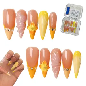 5D Handmade Long Stiletto Press on Nails, Water Ripple Ombre Orange Yellow Fake Nails with Charms, Reusable Summer False Nails for Women Girls DIY Daily Manicure