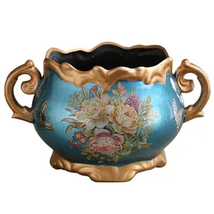 Europe Retro Ceramic Vase with Handle Desktop Flower Arrangement Vase American Style Double Ear Vase for Home Living Room Dining Room Office Bookshelf