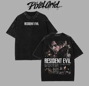 Resident Evil Requiem Leon S. Kennedy Noir Portrait Graphic Washed Tee, Dark Cinematic Survival Horror Streetwear Menswear Oversized T-Shirt