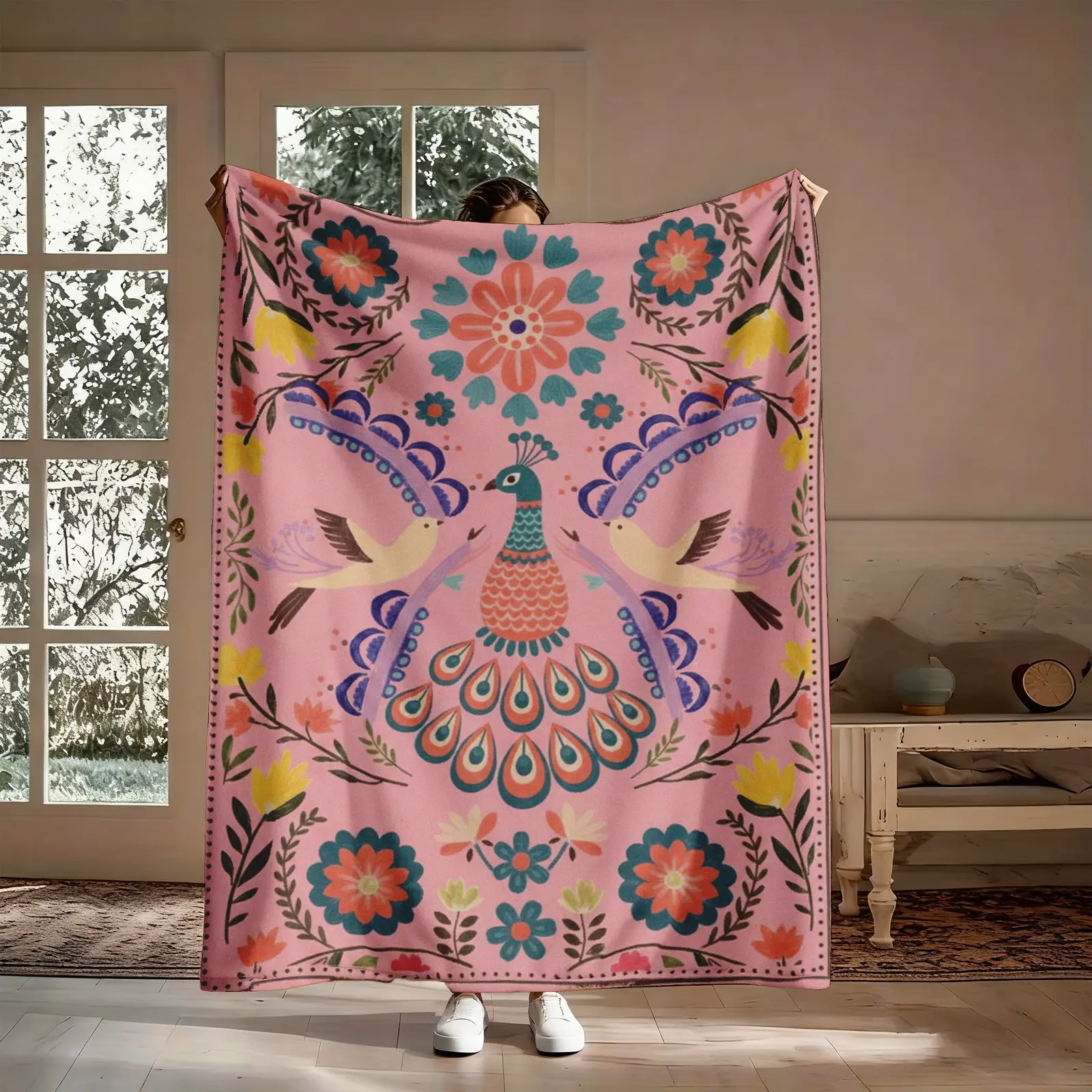 Bohemian Graphic Blanket Throw - Peacock Floral Folk Art Bird Flower Pattern Flannel, Soft Cozy Warm Nap Blanket for Bedroom, Unique Gift for Friends, Christmas Birthday Holiday Present, Graphic Blanket Throws