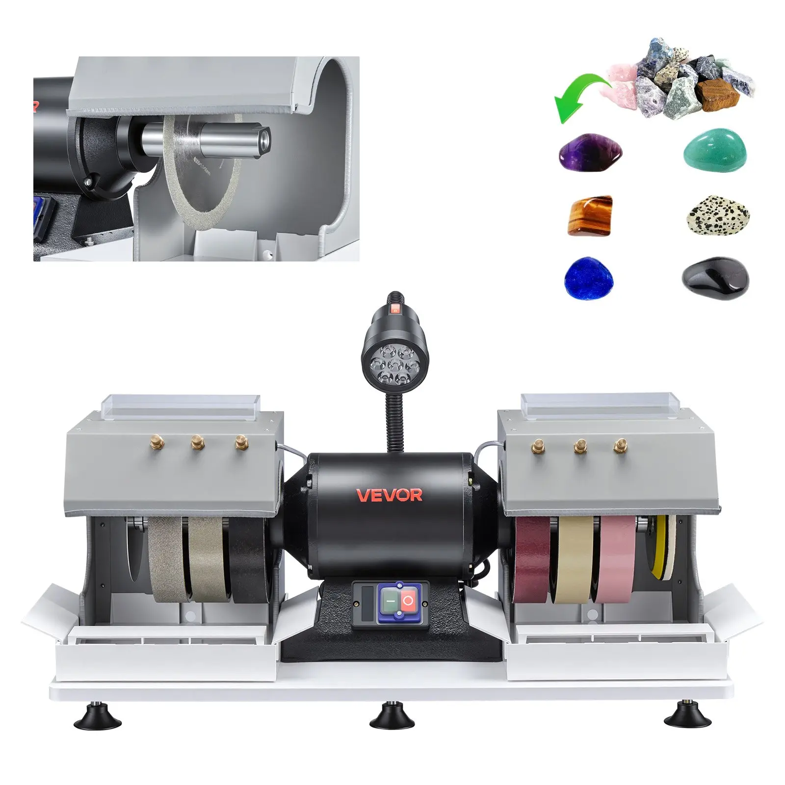 VEVOR Lapidary Cabbing Machine, 8 3/4 HP 1800 RPM 550W Efficient Tool with 8 Inch Diamond & Resin Wheels, LED Lamp, Water System, 29.2x13.4x13.0 in 79 lbs/35.9 kg Lapidary Equipment for Gemstone Work