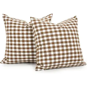 Farmhouse Brown and White Gingham Plaid Pillow Covers 18 in x 18 in, Set of 2, Khaki Checkered Pillow Covers 18 in x 18 in, Outdoor Buffalo Plaid Decorative Throw Pillows (No Pillow Inserts)
