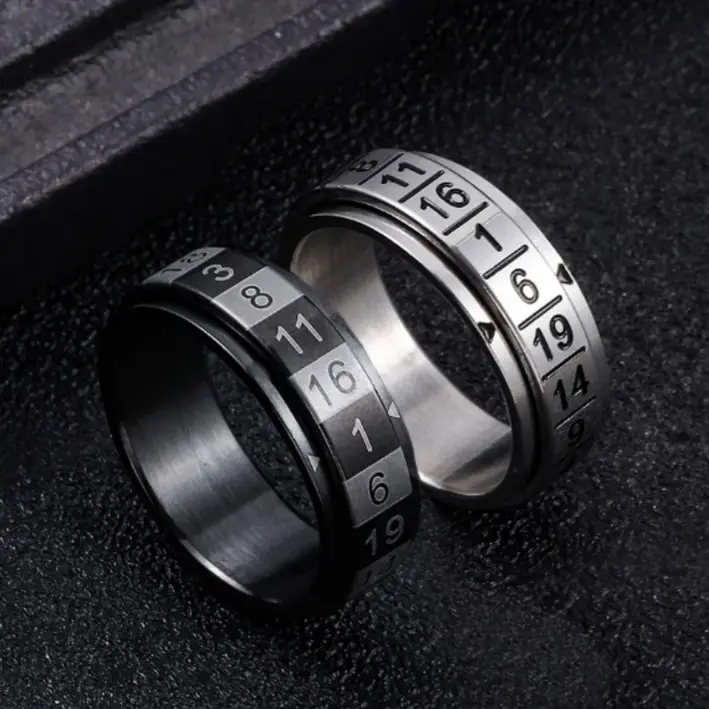 Classic 316L Stainless Steel Random Numbers Game Rotation Ring (Size 8-12)