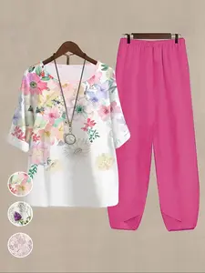 Fashion Round Neck Short Sleeve Floral Top and Patchwork Print Pants Set, Casual Loose Two-Piece for Outdoor Indoor Commuting
