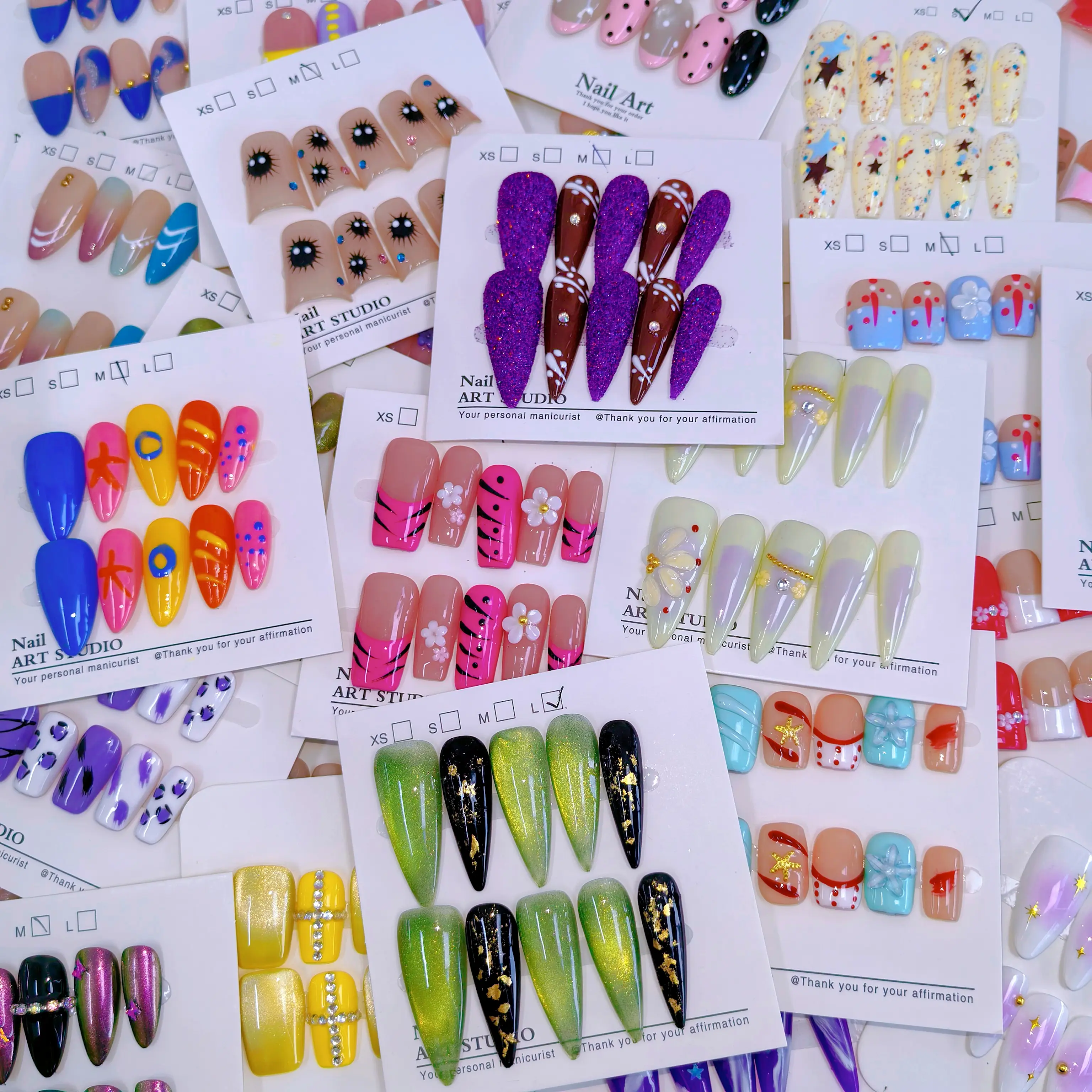YR Press-On Nail Sets - 20 Assorted Handmade Reusable Fake Nails with Mixed Styles & Shapes, Box-Included, Easy-Apply, Everyday-Wear, Glitter-Accented
