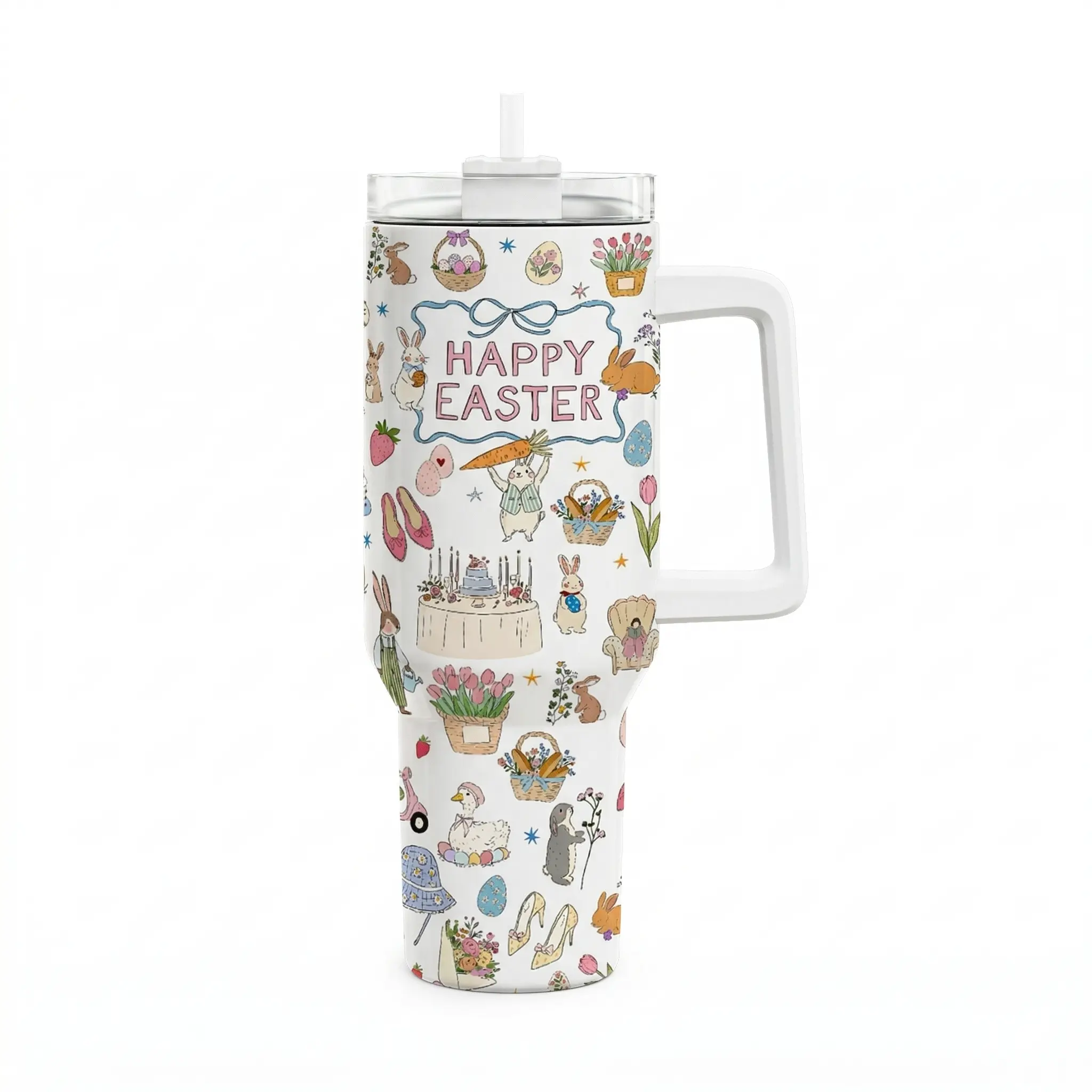 Cute Easter Tumbler 40oz, Pastel Bunny Cat Travel Mug with Handle, Kawaii Easter Gift for Her, Floral Bunny 40 Oz Tumbler