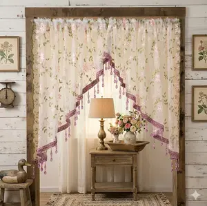 Luxury Floral Lace Curtain (No Drilling Required) - Rustic-Style Home Decor with Elegant Cascading Crystals, Ideal for Bedrooms, Kitchens, Great Decorative Gift