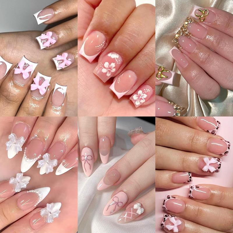 144 Pcs Press On Nails (6 Packs) | Nude Pink Bow & Floral French Designs | Almond & Coffin Shapes | 3D Flower, Ribbon Bow & Soft Glitter Styles | Reusable Stick On Nails with Jelly Glue | 12 Sizes
