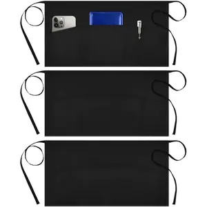 3 Pack Server Aprons with 3 Pockets, Waterdrop Resistant Waitress Waiter Waist Apron, 11.5-inch Black Menswear Clothes Long Polyester Ties Uniforms