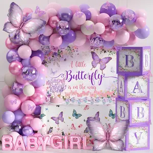 Butterfly Baby Shower Decorations for Girls A Little Butterfly Is On The Way Party Backdrop Cake Toppers Stickers Pink Purple Balloons Boxes for Girl Birthday Baby Shower Decor