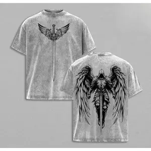 Arcangel Saint Michael T-Shirt Washed - Holy Warrior Angel Graphic Shirt, Sword and Wings Vintage Washed Top, Christian Gothic Streetwear Outfit Church - Gym Pump Cover Jesus Apparel