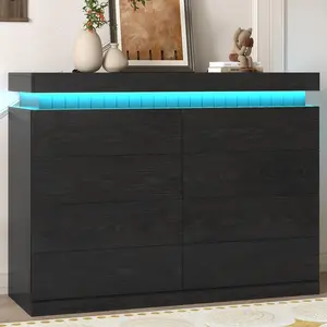 Sikaic LED 8 Drawers Dresser with Sliding Top Storage Space for Bedroom, Modern Wood Large Chest of Drawers with Power Outlet for Living Room, Hallway, Entryway Black