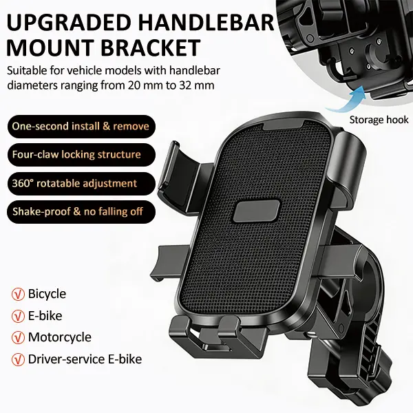 Biking Phone Mount - Anti-Shake Stabilizer with 360° Rotatable Handlebar Clamp, Quick Release Mobile Holder for 4.5"-7.1" Phones, E-Bikes Vehicle Accessories, Adjustable, Cell Phone Holder, Phone Holder Accessories