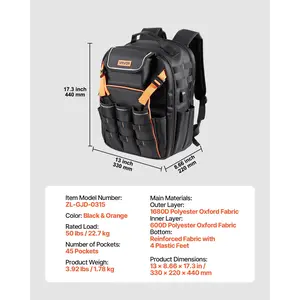 VEVOR Tool Backpack, 45 Pockets, Heavy-duty Tools Storage Organizer Work Bags with Laptop Compartment Reinforced Fabric Basee, Electrician Jobsite Backpack for Electrician, Repairman