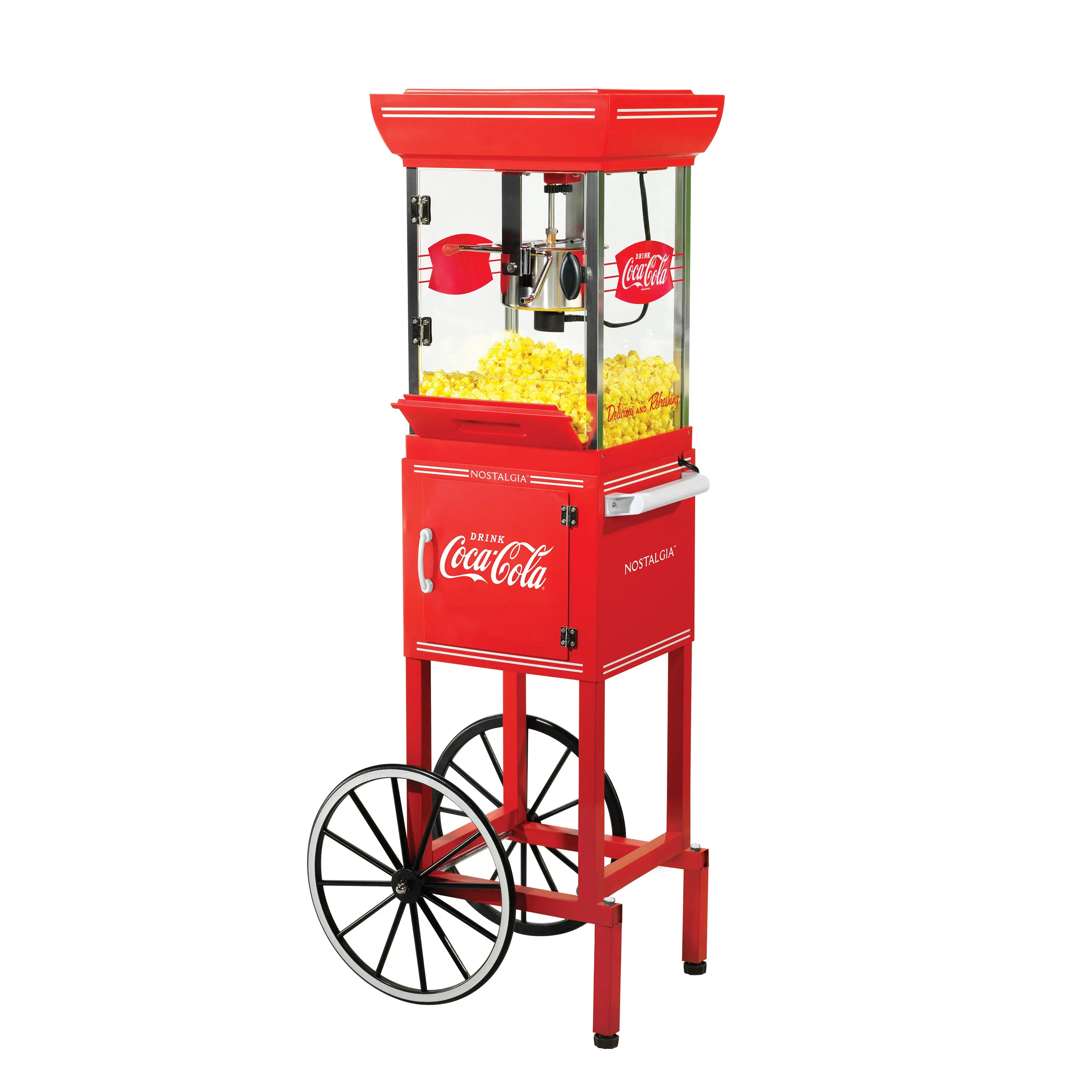 Coca-Cola Specialty Kitchen Popcorn Cart with Popcorn Kettle, 48" Height, 2.5-oz Kettle Capacity, Lighted Interior, 10-Cup Popping Capacity, Ideal for Movie Lovers
