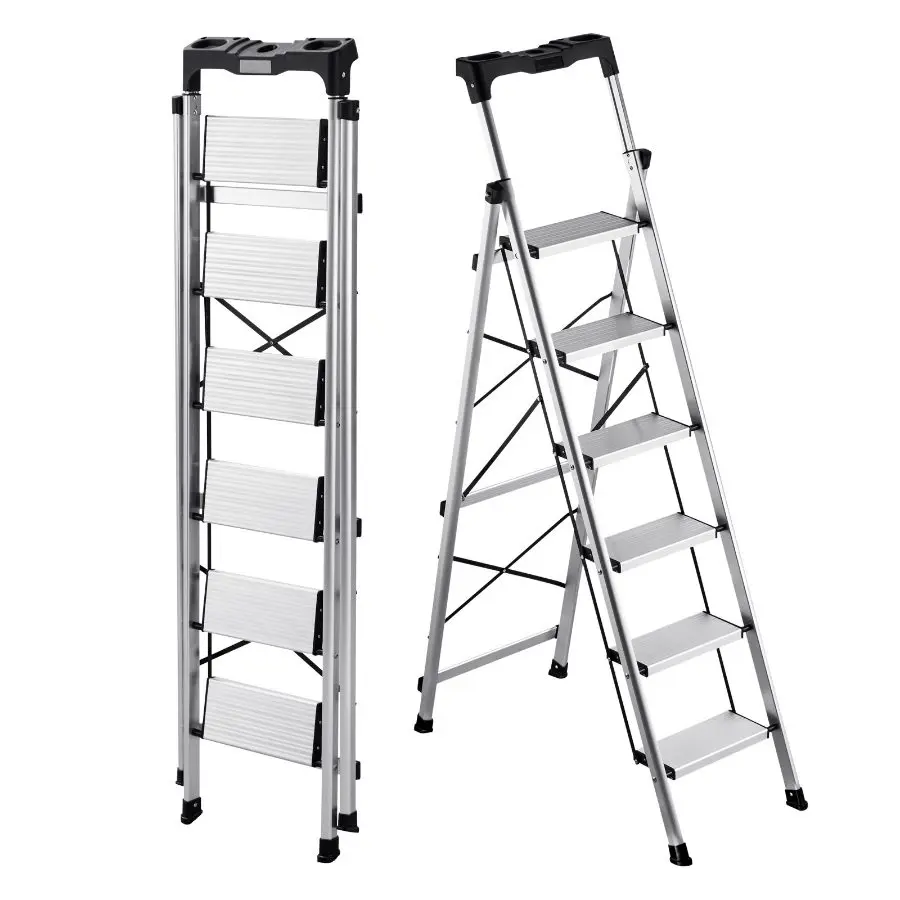 VEVOR 6-Step Folding Aluminum Step Ladder, Wide Anti-Slip Pedals, Comfort Handgrip, 330 lbs Capacity Portable Multi-Function Ladder, Office, Kitchen & Household Use, Silver