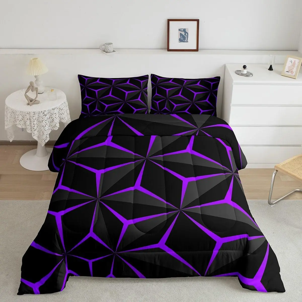 Feelyou Breathable 3D Purple Neon Honeycomb Print Queen Comforter Set - Geometric, Stereoscopic Luxury Decorative Bedding Set for Modern Bedroom Upgrade