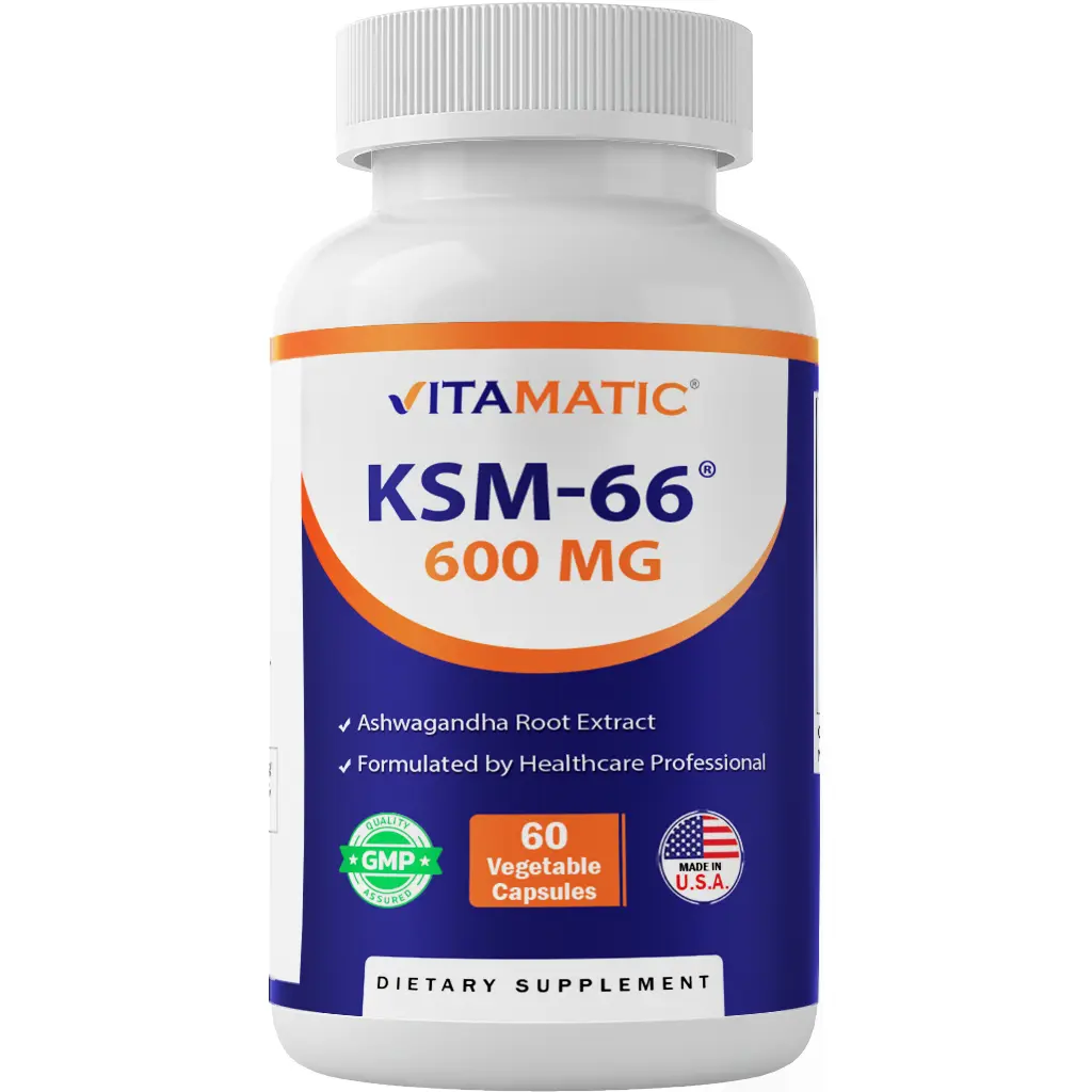 Vitamatic KSM-66 Natural Ashwagandha Root Extract Dietary Supplement with Bioperine - 600mg US Veggie Caps, 60 Gluten-Free, Brain Health Daily Nutrition Edible Self Care Product (1200mg per 2 Caps), Brain Health Supplement, Daily Nutrition Supplement