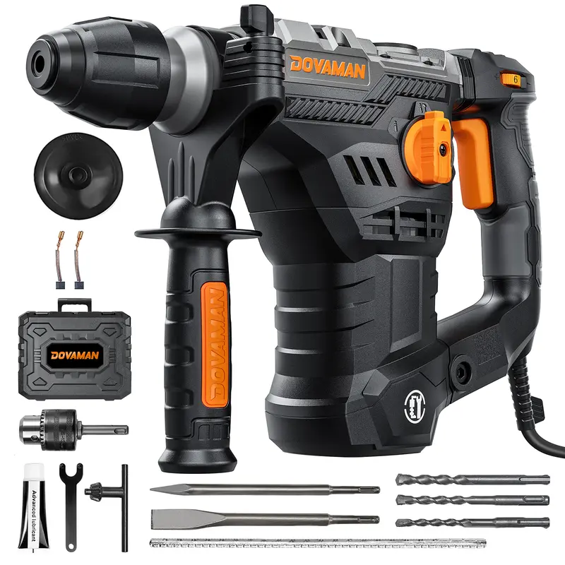 【toolupgrade】DOVAMAN RH15A 1-9/16 in SDS-Plus Handheld Rotary Hammer Full Kit, 1500W 120V, 4-in-1 Knob Functions, Safety Clutch, 6 Speeds, 4350BPM/900RPM, Concrete Drill Bit, Impact Drill, Chuck Key, Ideal for DIY Users, Concrete, Wood, Steel