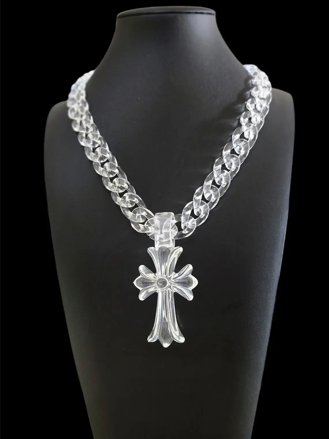 Clear Acrylic Cross Pendant Necklace for Men & Women - Trendy Unisex Streetwear, Cuban link, Lightweight Fashion Jewelry, Acrylic Link Chain
