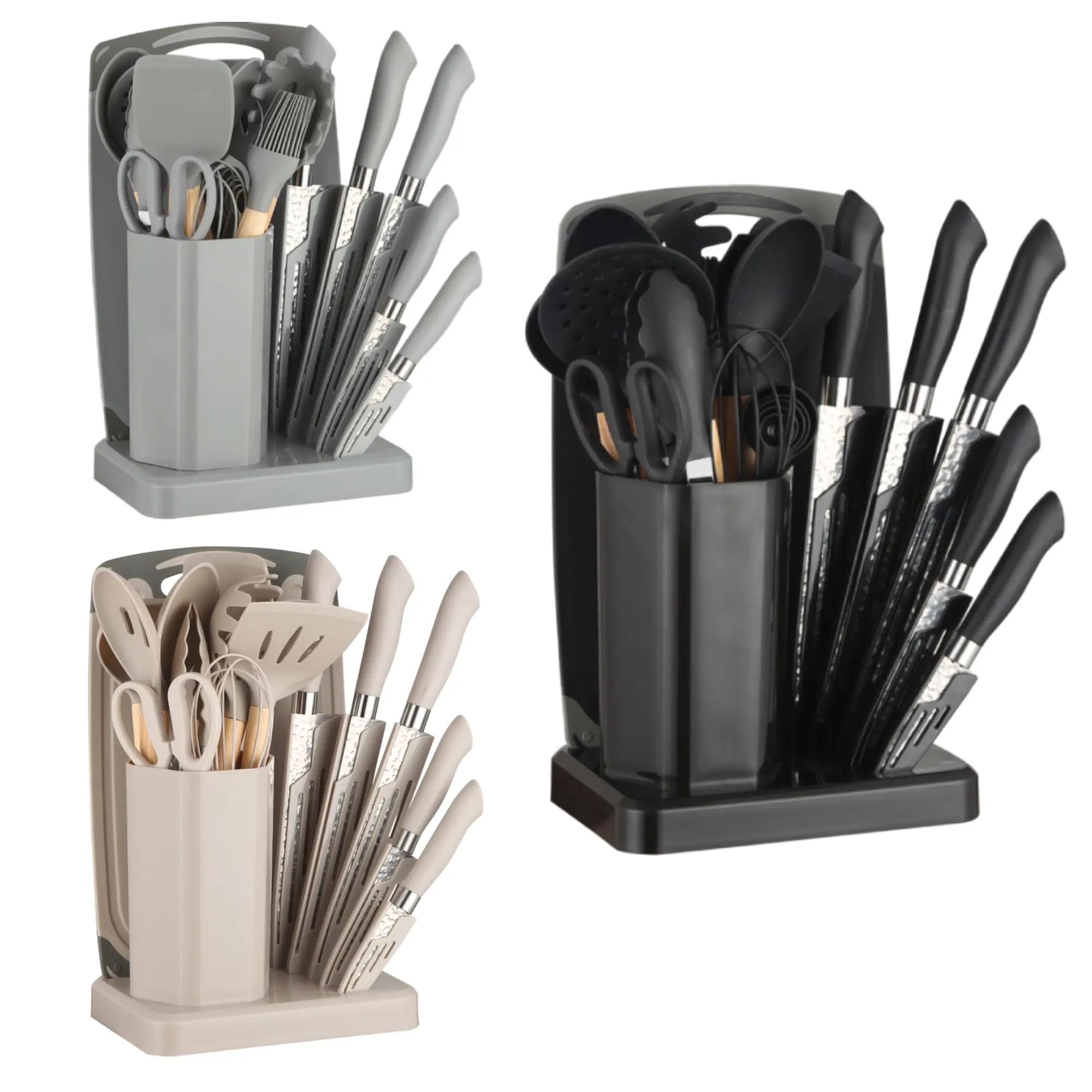 Aesthetic 23-Piece Kitchen Knife and Silicone Utensils Set with Block & Cutting Board - Non-Stick Hammered Stainless Steel Knives, Heat Resistant Wooden Handle Cooking Tools Combo, New Home Essentials, Kitchen Accessories, Knives Kitchen Set