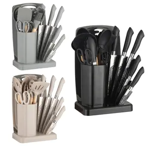 Aesthetic 23-Piece Kitchen Knife and Silicone Utensils Set with Block & Cutting Board - Non-Stick Hammered Stainless Steel Knives, Heat Resistant Wooden Handle Cooking Tools Combo, New Home Essentials