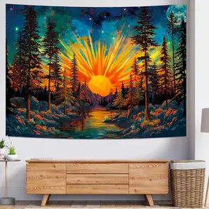 Forest Sun Tapestry Trippy Nature Tree Tapestry Hippie Boho Mountain Wall Tapestry Aesthetic Starry Sky Tapestry Vintage Magic River Tapestry Hanging for Bedroom