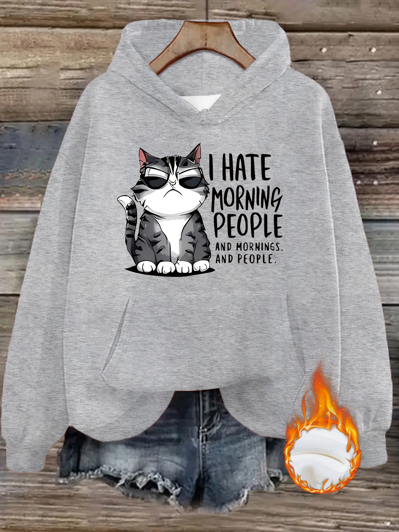 Women's Casual Hooded Long Sleeve Sweatshirt with Cute Cat Print, Thick Fleece Aesthetic Graphic Pullover with Front Pocket, Fall & Winter Loose Fit Jumper, Womenswear