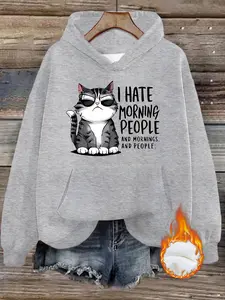 Women's Casual Hooded Sweatshirt with Cute Cat Print, Thick Fleece Pullover with Front Pocket, Fall & Winter Loose Fit Jumper