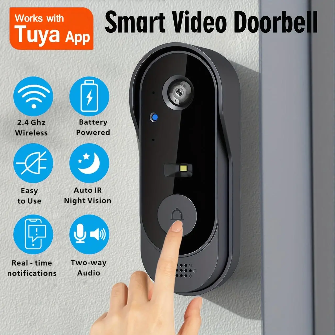 TUYA Smart Video Doorbell Camera with Chime - Wireless Doorbell Camera Suitable for Indoor/Outdoor Use, Rechargeable Battery, 2-Way Audio, Night Vision, Real-Time Notifications, Cloud & SD Storage, Compatible for Smart Home Security Camera System